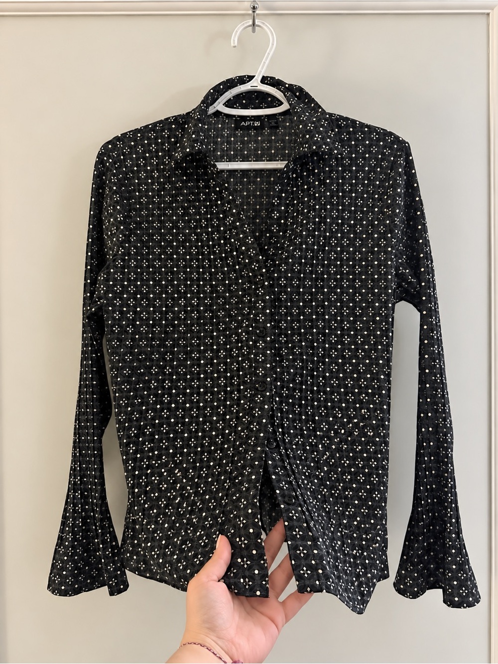Apt. 9 Black Button-Down Shirt with White Micro Dot Print